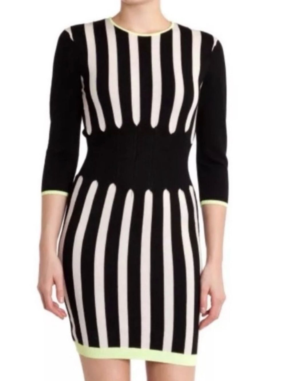Ted Baker Black and White Striped Long-Sleeve Dress with Neon Trim, M